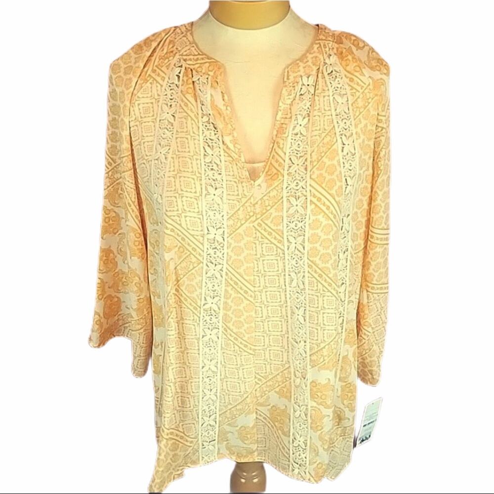 Boho 3/4 Sleeve Split Neck Top Orange Size Small